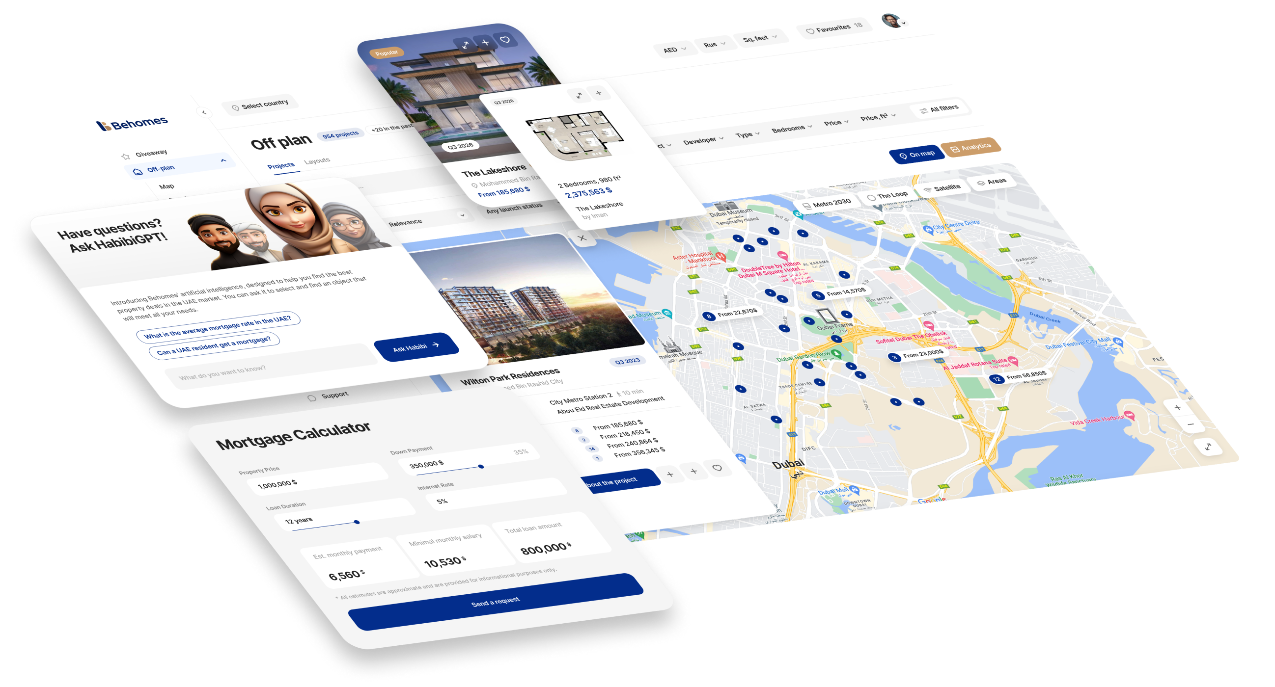 Behomes.Tech CRM — off-plan projects, mortgage calculator, Habibi GPT and interactive Dubai map