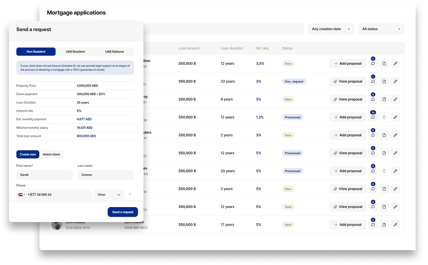 Mortgage calculator tool interface on Behomes platform for Dubai real estate brokers